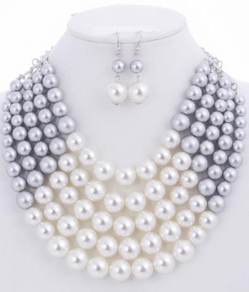 Silver and White 5 Layered Pearl Necklace with Matching Dangling Earrings ( 0175 WHTSIL ) - Ohmyjewelry.com