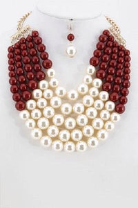 BURGUNDY Red and Cream 5 Layered Pearl Necklace with Matching Dangling Earrings ( 0175 CRMBUR ) - Ohmyjewelry.com