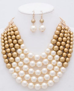 Gold and Cream 5 Layered Pearl Necklace with Matching Dangling Earrings ( 0175 CRMGD )