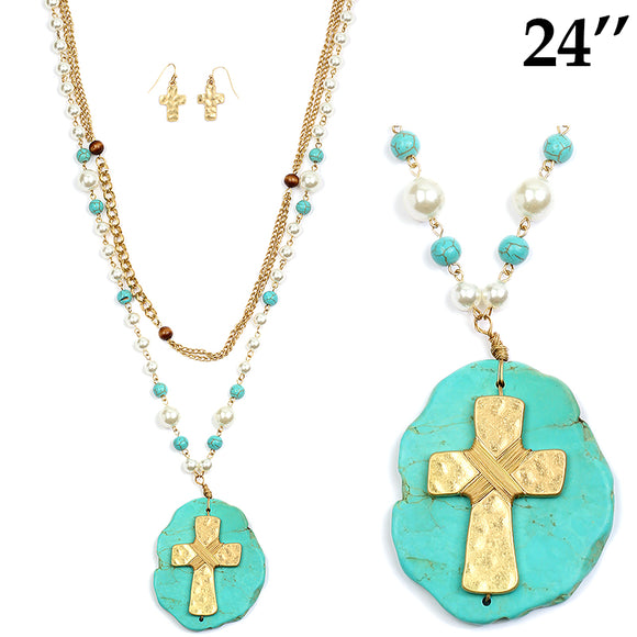 LONG GOLD CROSS NECKLACE SET TURQUOISE STONE ( 1053 WGTQS )