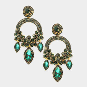 5 1/4" Long Large GOLD GREEN Open Round Chandelier Rhinestone PIERCE Earrings ( 5319 ) - Ohmyjewelry.com