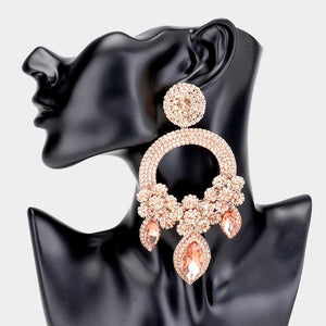 5 1/4" Long Large Rose Gold Peach Open Round Chandelier Rhinestone PIERCE Earrings ( 5319 ) - Ohmyjewelry.com