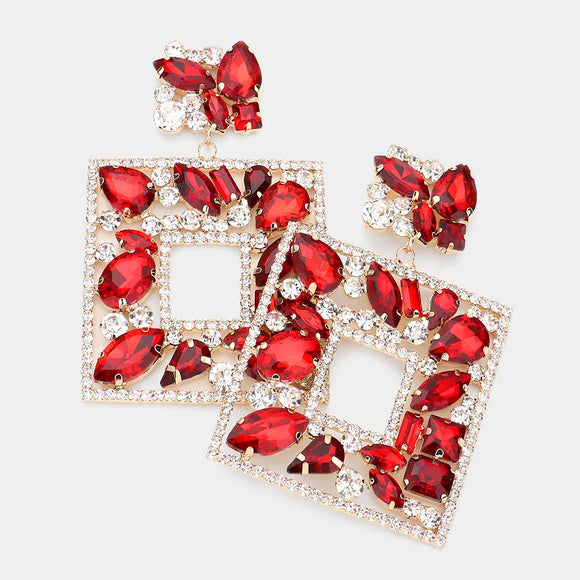 LARGE GOLD SQUARE EARRINGS RED STONES ( 2429 GRED )