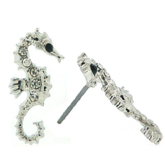 SILVER SEAHORSE EARRINGS CLEAR STONES ( 1807 RCR )