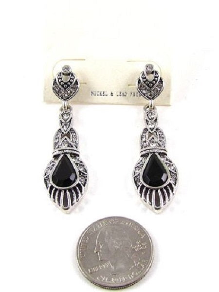 Antique Silver and Black and Clear Rhinestone Earrings
