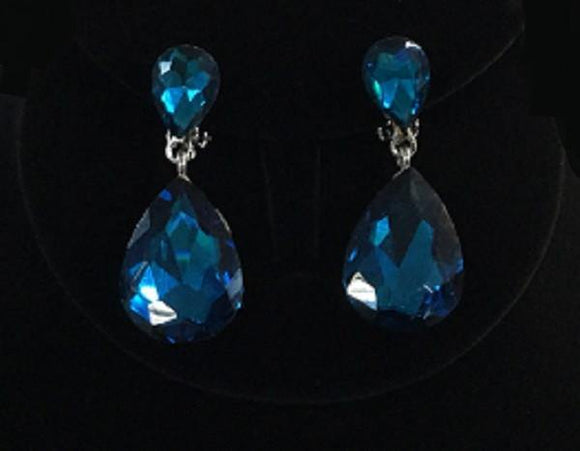 Silver Teal Blue Double Glass Teardrop Clip On Earrings ( 0100 3L TL CLIP ) - Ohmyjewelry.com