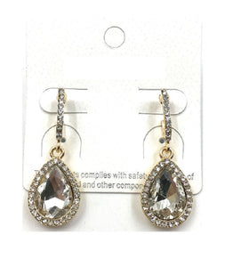 1.5" GOLD DANGLING TEARDROP EARRINGS CLEAR STONES ( 0247 2C )