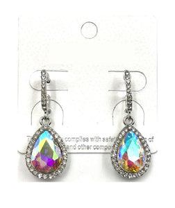 1.5" SILVER DANGLING TEARDROP EARRINGS AB CLEAR STONES ( 0247 3X )