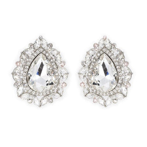 1 3/4" Large Silver Clear Teardrop Clip On Earrings ( ECL039 ) - Ohmyjewelry.com