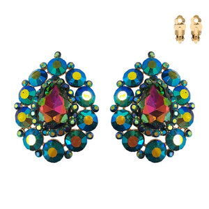 1.75" Green AB Teardrop Clip On Earrings ( 131 GRB )