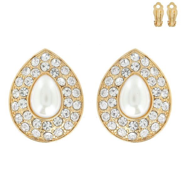 GOLD CLIP ON EARRINGS CLEAR STONES CREAM PEARLS ( 140 GCR )