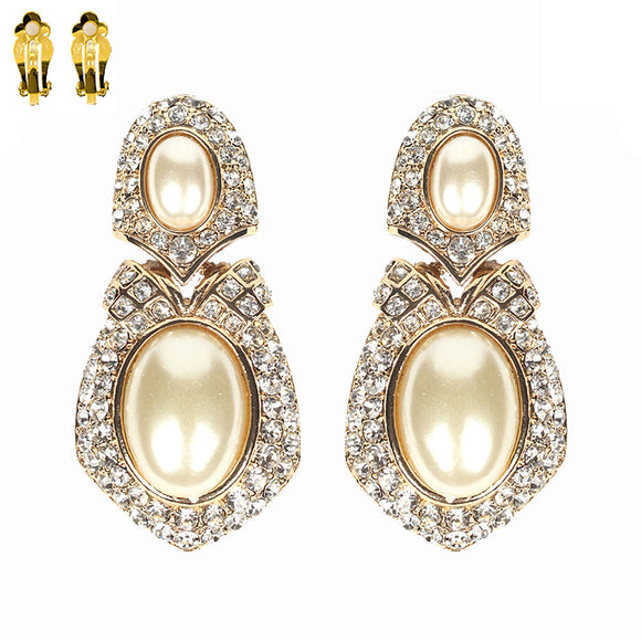 Double Oval Cream Pearl and Rhinestone with Gold Accents Clip On Earrings ( 143 GCR )