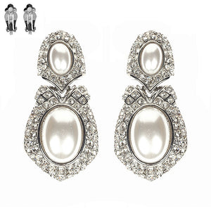 Double Oval White Pearl and Rhinestone with Silver Accents Clip On Earrings ( 143 RWH )