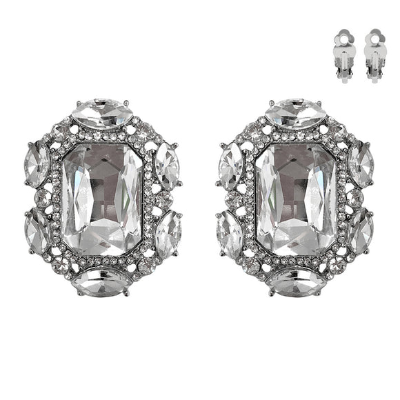 SILVER CLIP ON EARRINGS CLEAR STONES ( 159 RCL )