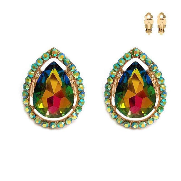 Gold Clip On Earrings with Iridescent Rhinestones ( 167 GRB ) - Ohmyjewelry.com