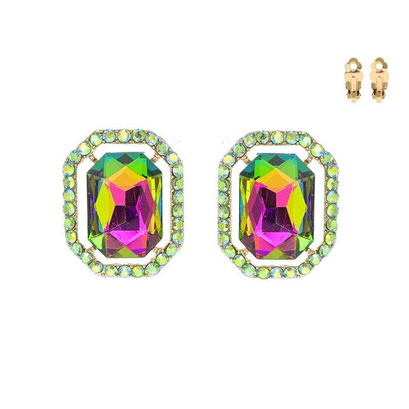 GOLD CLIP ON EARRINGS GREEN AB  STONES ( 168 GRE ) - Ohmyjewelry.com
