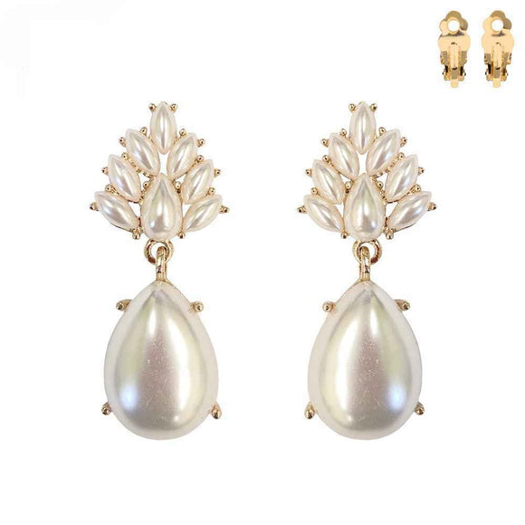 GOLD CLIP ON EARRINGS WITH CREAM PEARL RHINESTONES