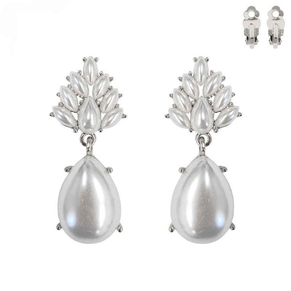 SILVER CLIP ON EARRINGS WITH WHITE PEARL RHINESTONES