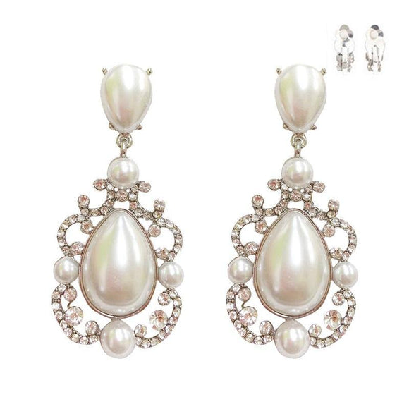 SILVER WHITE PEARL CLEAR STONE CLIP ON EARRINGS ( 175 RWH ) - Ohmyjewelry.com