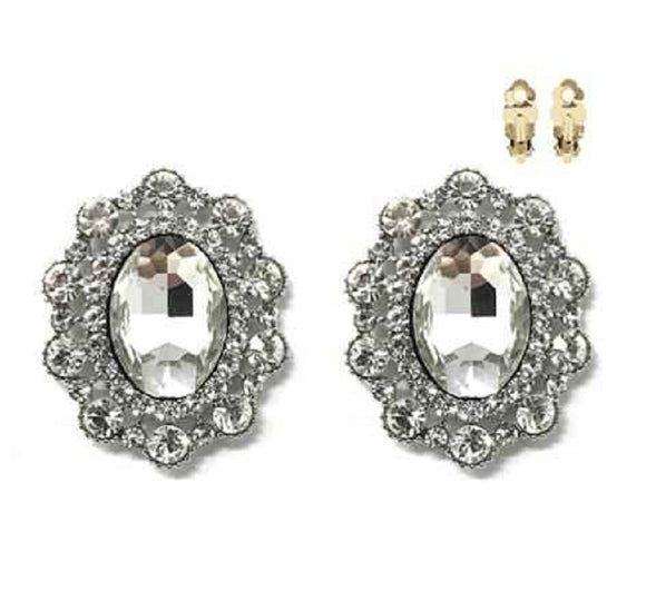 SILVER CLIP ON EARRINGS CLEAR STONES ( 193 RCL )