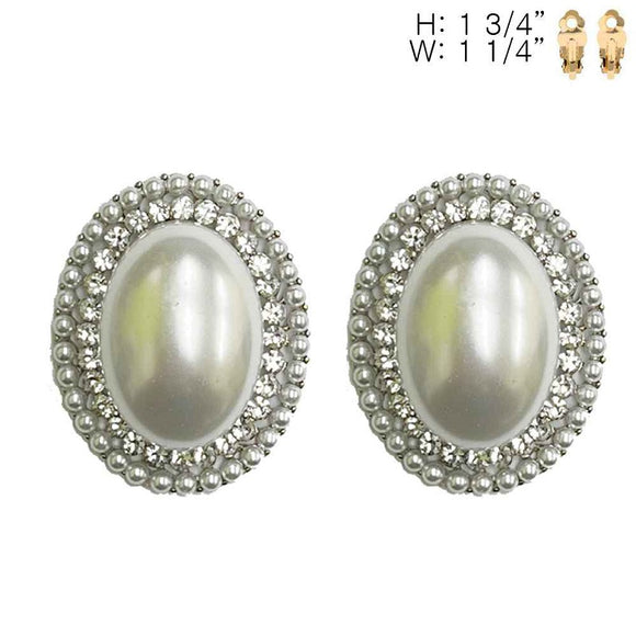 SILVER CLIP ON EARRINGS CLEAR STONES PEARLS ( 194 RWH )