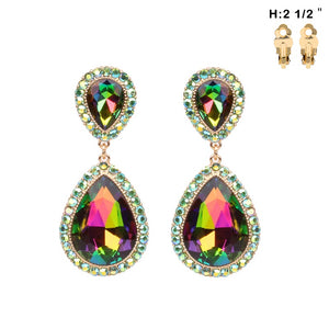 2.5" Green AB Teardrop CLIP ON Earrings with Gold Accents ( ECQ19 )