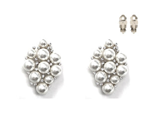 2" Long Large Clip On Earrings with White Pearls in Silver Setting ( 215 WH )