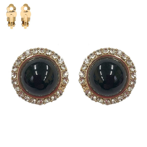 GOLD BLACK PEARL CLIP ON EARRINGS CLEAR STONES ( 276 GBK )