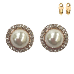 GOLD CREAM PEARL CLIP ON EARRINGS CLEAR STONES ( 276 GCR )