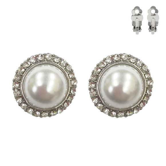 SILVER WHITE PEARL CLIP ON EARRINGS CLEAR STONES ( 276 RWH )