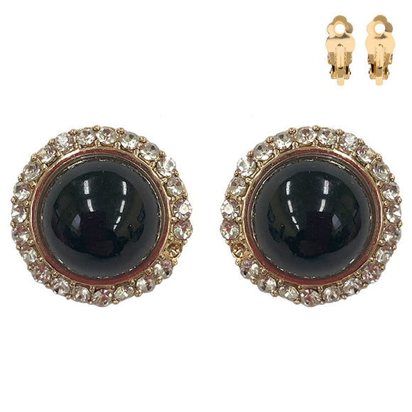 GOLD BLACK CLIP ON PEARL EARRINGS CLEAR STONES ( 277 GBK )
