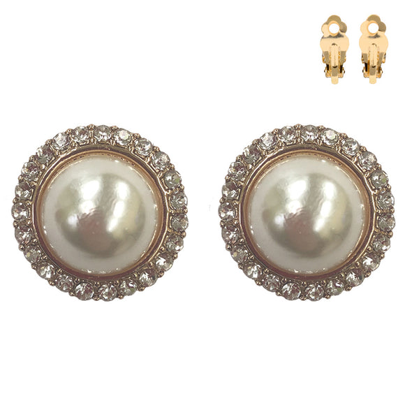 GOLD CLIP ON PEARL EARRINGS CLEAR STONES ( 277 GCR )