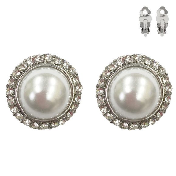 SILVER CLIP ON PEARL EARRINGS CLEAR STONES ( 277 RWH )