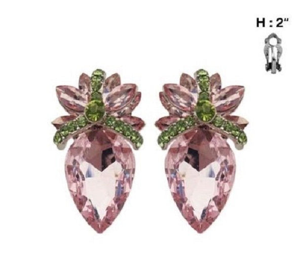 Pink and Green Clip On Pineapple Earrings with Gold Accents