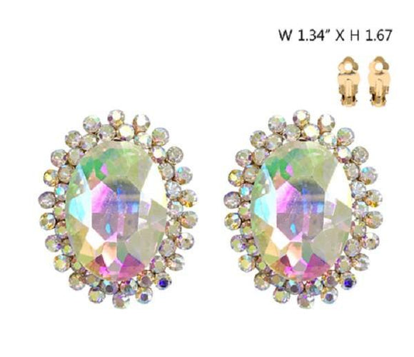 Large AB Oval Stone and Clear Rhinestone Clip On Earrings with Gold Accents ( 555 ) - Ohmyjewelry.com