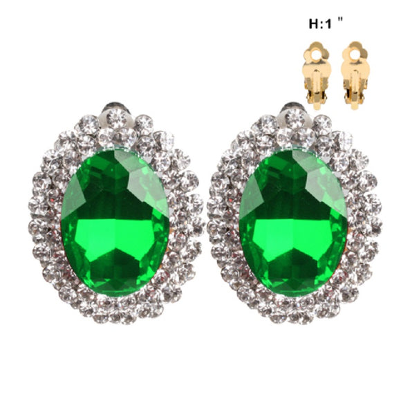 Large GOLD CLIP ON EARRINGS GREEN CLEAR STONES ( 555 GGR )