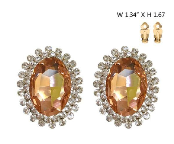 Large Peach Oval Stone and Clear Rhinestone Clip On Earrings with Gold Accents ( 555 ) - Ohmyjewelry.com