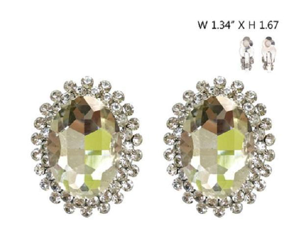 Large Clear Oval Stone and Clear Rhinestone Clip On Earrings with Silver Accents ( 555 ) - Ohmyjewelry.com