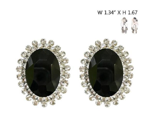 Large Black Oval Stone and Clear Rhinestone Clip On Earrings with Silver Accents ( 555 RJT ) - Ohmyjewelry.com