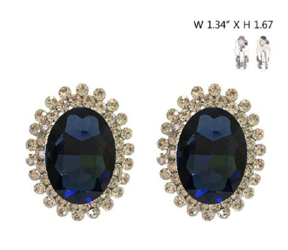 Large Navy Blue Oval Stone and Clear Rhinestone Clip On Earrings with Silver Accents ( 555 ) - Ohmyjewelry.com