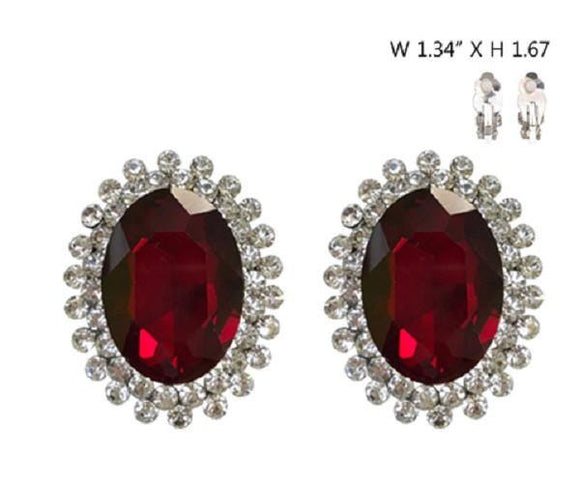 Large Red Oval Stone and Clear Rhinestone Clip On Earrings with Gold Accents ( 555 ) - Ohmyjewelry.com
