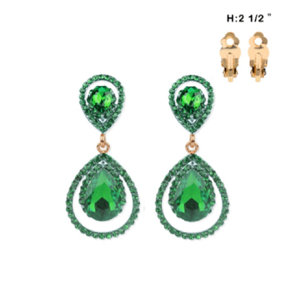 GOLD Double Teardrop Clip On Earrings GREEN Rhinestones ( 55 GGR )