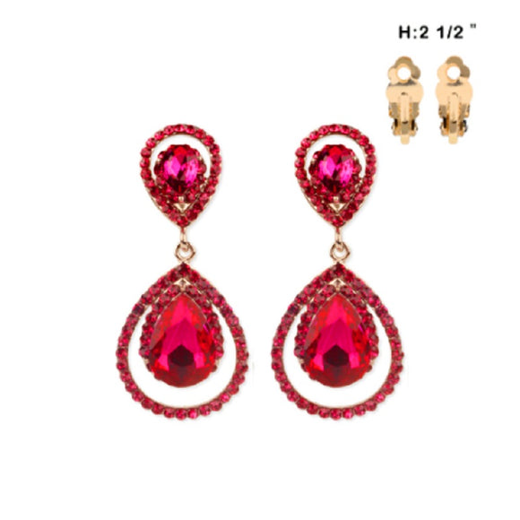 GOLD Double Teardrop Clip On Earrings RED Rhinestones ( 55 GRD )