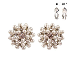 White Pearl Beaded and Rhinestone Clip On Earrings ( 73 RWH )