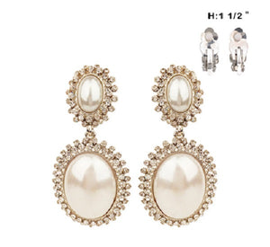 Double Oval White Pearl and Rhinestone with Silver Accents Clip On Earrings ( 77 )