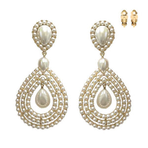 Large 3.8" Gold Cream Pearl Teardrop Clip On Earrings ( 150 GCR )