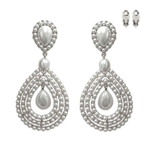 Large 3.8" Silver White Pearl Teardrop Clip On Earrings ( 150 RWH ) - Ohmyjewelry.com