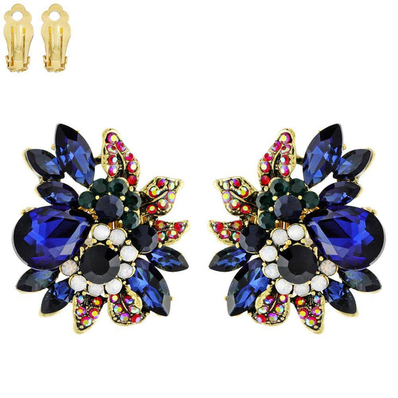 GOLD NAVY BLUE STONES CLIP ON EARRINGS ( 11212 AGNV ) - Ohmyjewelry.com