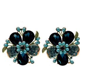 1.75" GOLD CLIP ON EARRINGS WITH TEAL BLUE STONES AND PEARLS ( 11612 )
