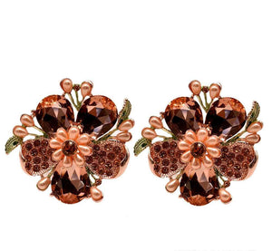 1.75" ROSE GOLD CLIP ON EARRINGS WITH PEACH STONES AND PEARLS ( 11612 )